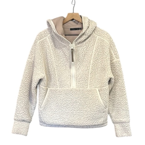 Prana Permafrost Half Zip Sherpa High Pile Hoodie Sweater Pocket Pullover Cream - Picture 3 of 12